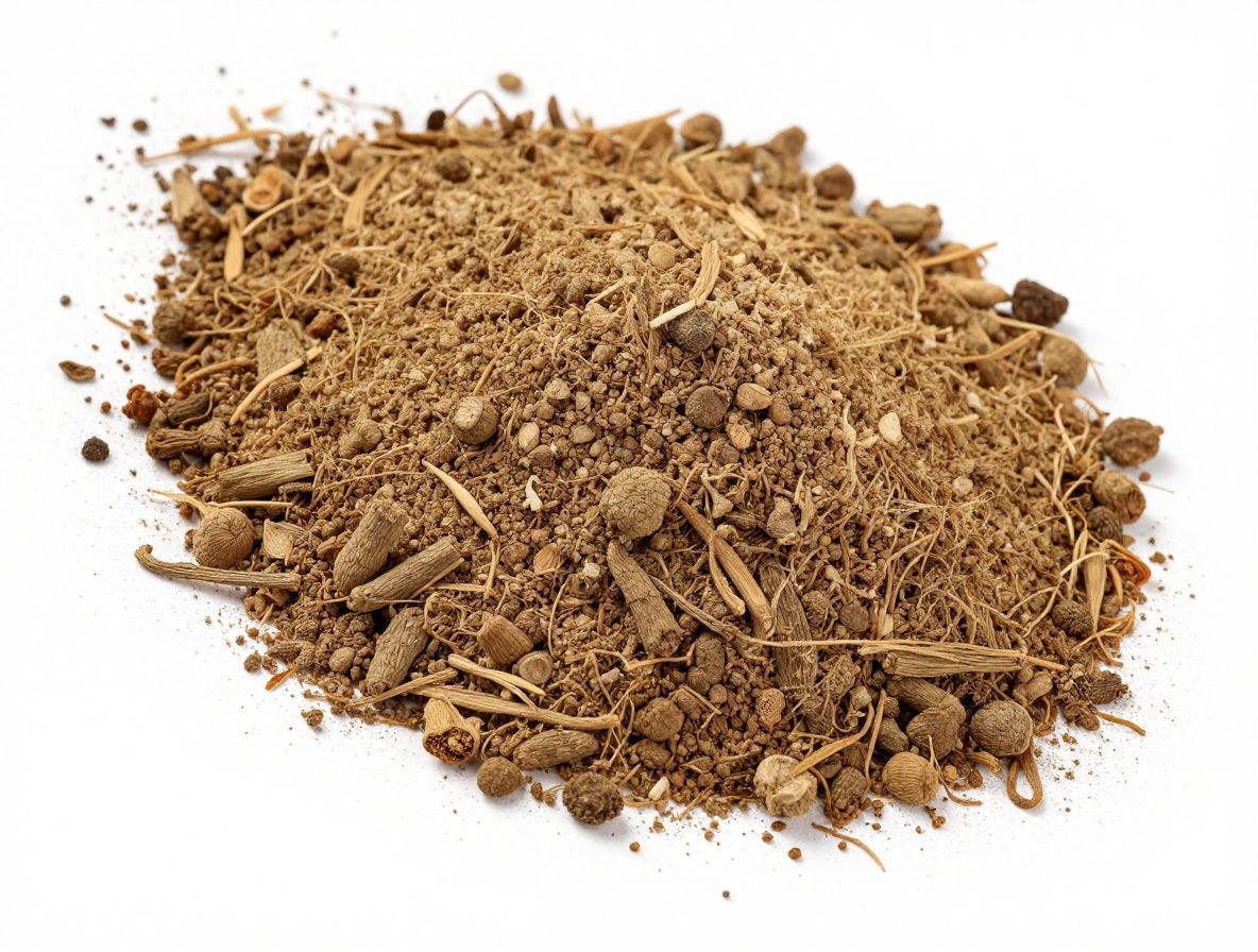 Ashwagandha-Wurzel und Pulver auf einer texturierten Natursteinoberfläche – traditionelle Heilpflanze in erdigen Brauntönen mit natürlichem Licht