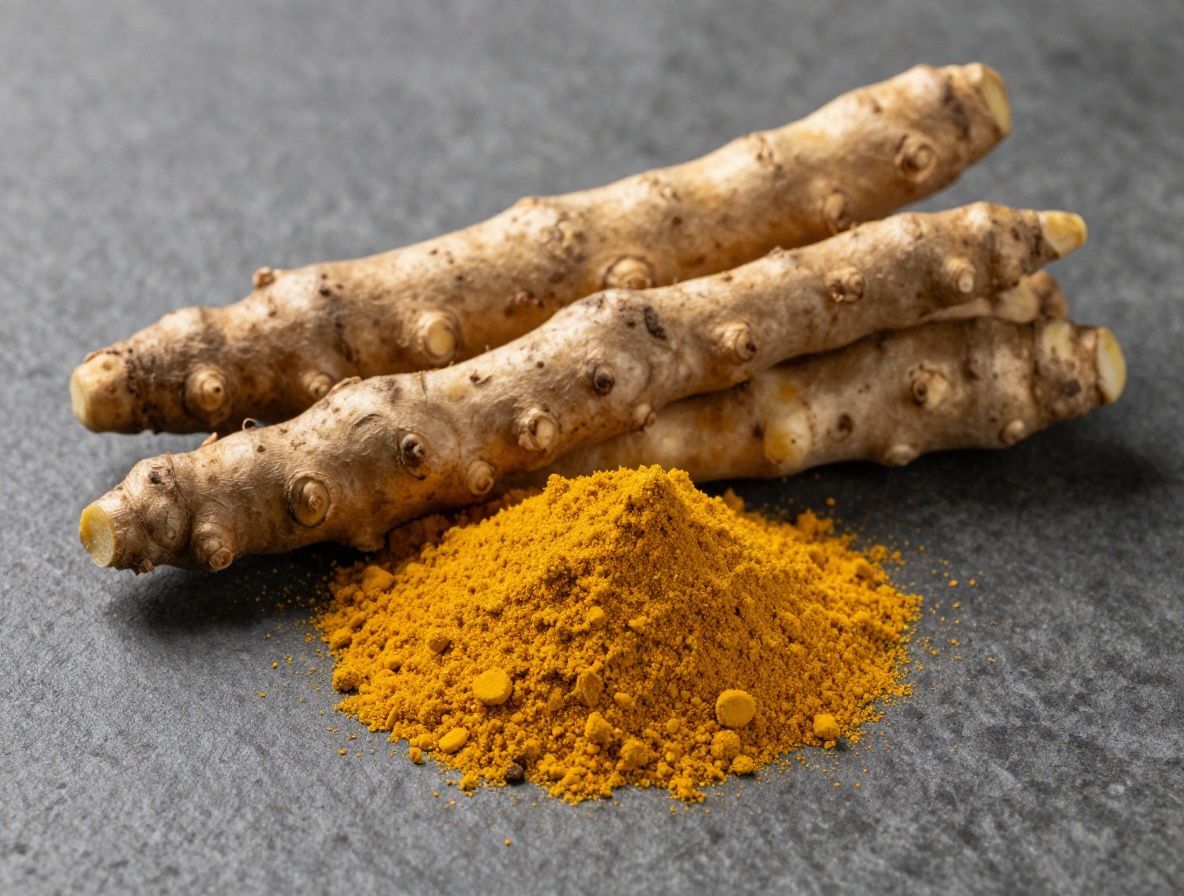 Gelblich-oranges Kurkumapulver und frische Kurkumawurzel auf einem dunklen Stein – intensiv gefärbt, natürliche Beleuchtung, kein Hintergrundtext