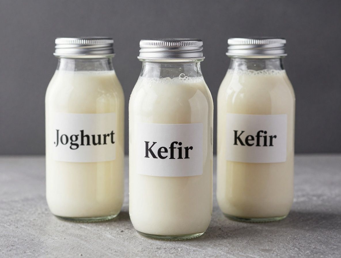 Fermentierte Lebensmittel in Glasgläsern – Joghurt und Kefir – auf einem Holztisch, natürlich beleuchtet, Darstellung von probiotischen Kulturen
